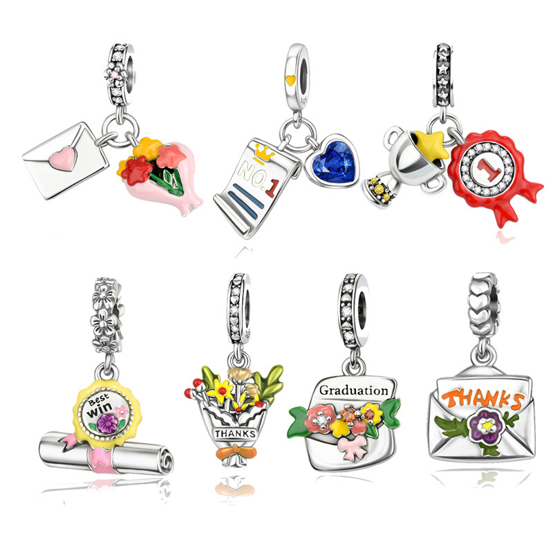 Jewelry Making Diploma - Silver-Plated Graduation Diploma Charm, Flower Enamel