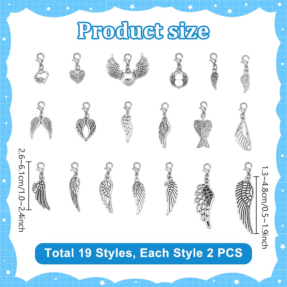 38Pcs 19 Styles Alloy Wing Pen - Lobster Clasp Silver recensione e prezzo